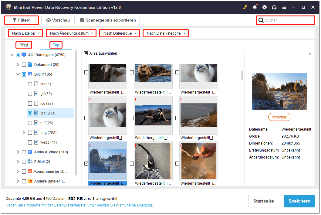 Ein Screenshot zum Suchen nach gewünschten Dateien in MiniTool Power Data Recovery.