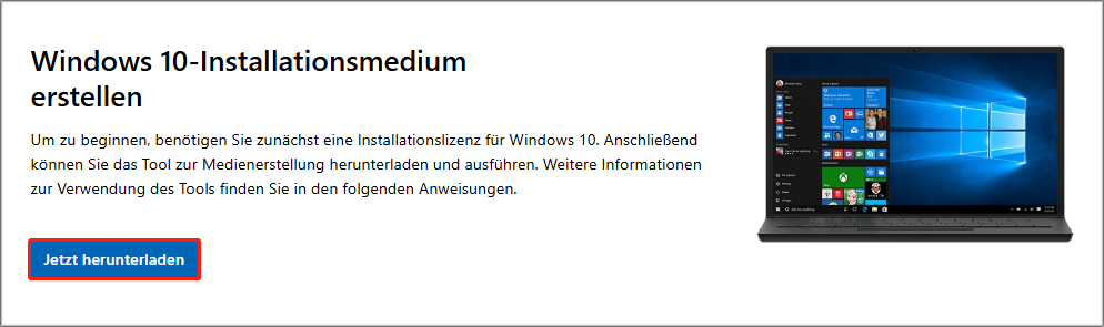 Markierung der Schaltfläche Jetzt herunterladen auf der Windows 10-Downloadseite.