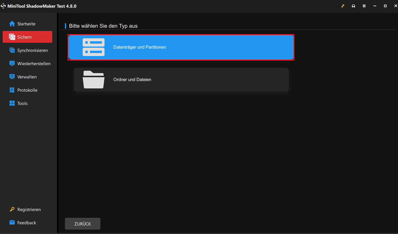 Hervorhebung von Datenträger und Partitionen in MiniTool ShadowMaker.