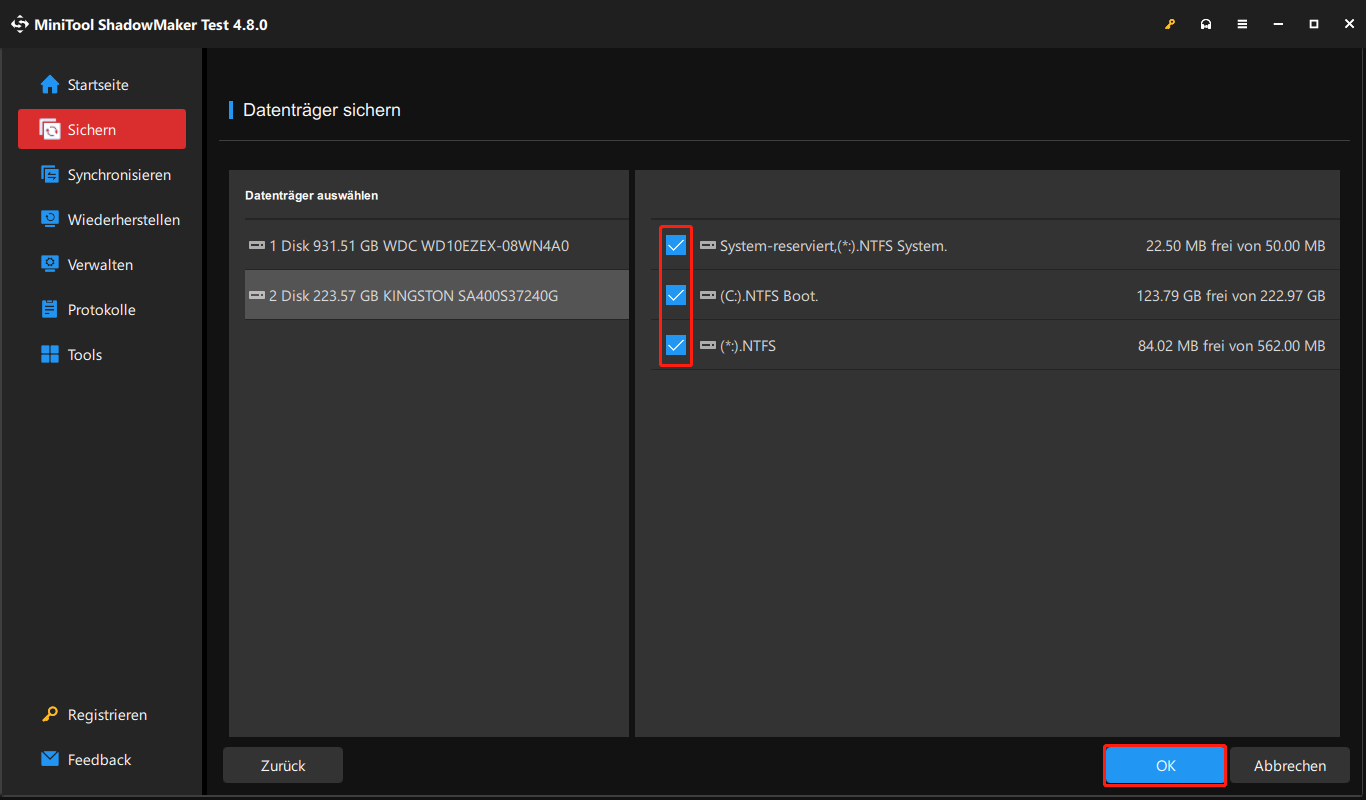 Auswahl aller Systempartitionen für die Sicherung.
