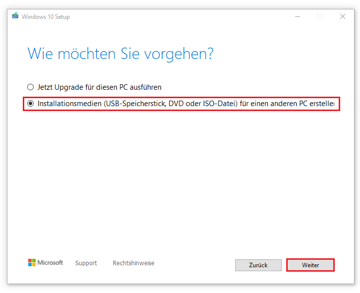 Auswahl der Option Installationsmedien (USB-Speicherstick, DVD oder ISO-Datei) für einen anderen PC erstellen.