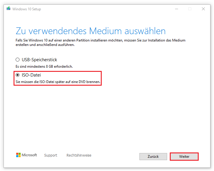 Ein Screenshot zur Auswahl der ISO-Datei als zu verwendendes Medium.