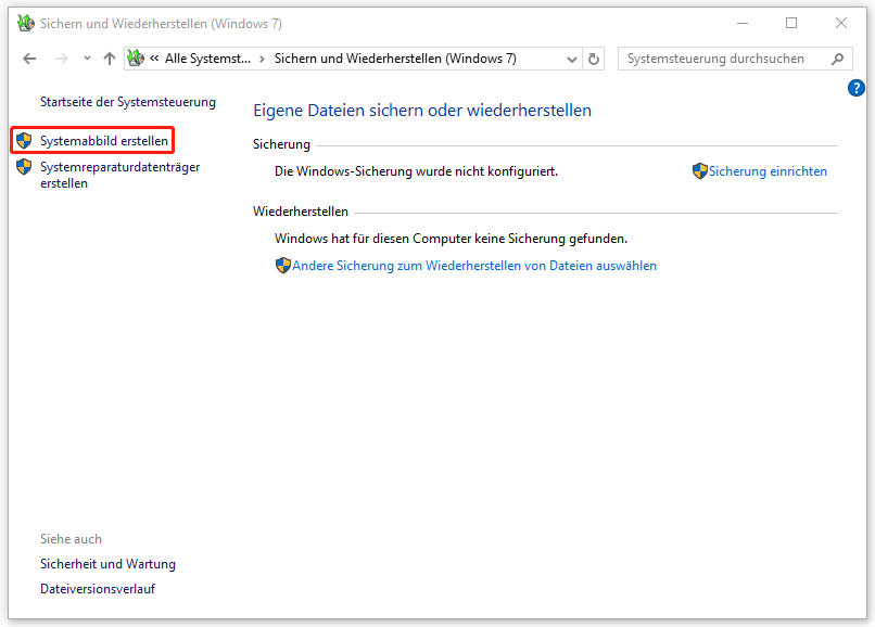 Auswahl der Option Systemabbild erstellen.