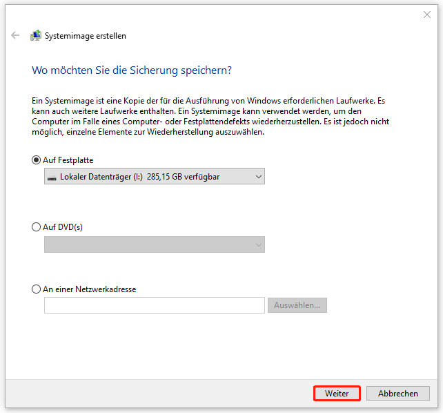 Auswahl eines Speicherorts für das Systemabbild.