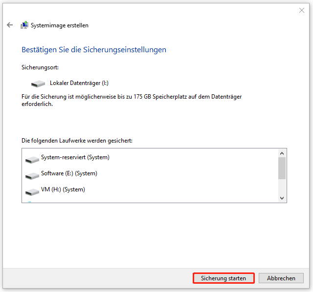 Ein Screenshot zur Bestätigung der Sicherungseinstellungen und zum Klick auf Sicherung starten.