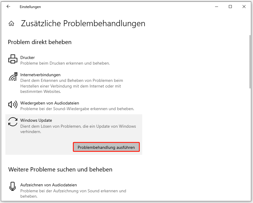 Markierung der Schaltfläche Problembehandlung ausführen bei Windows Update.