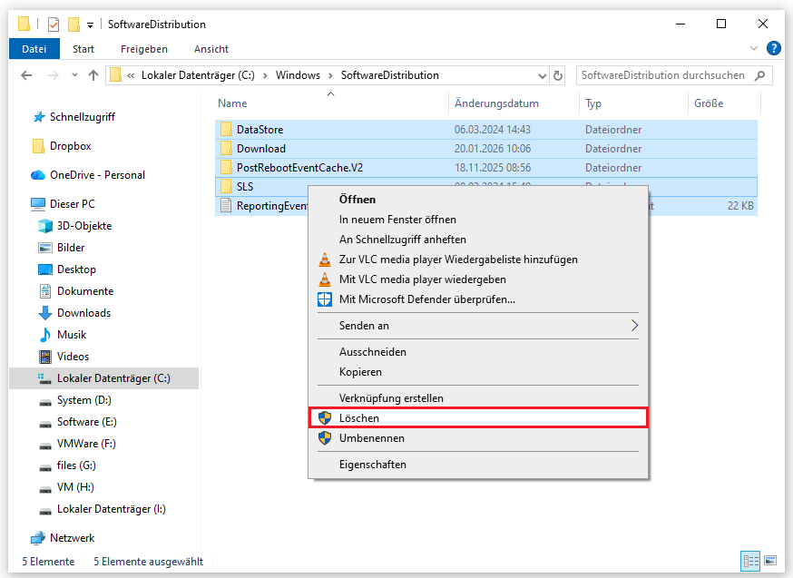 Ein Screenshot zum löschen aller Dateien und Ordner im Ordner SoftwareDistribution.