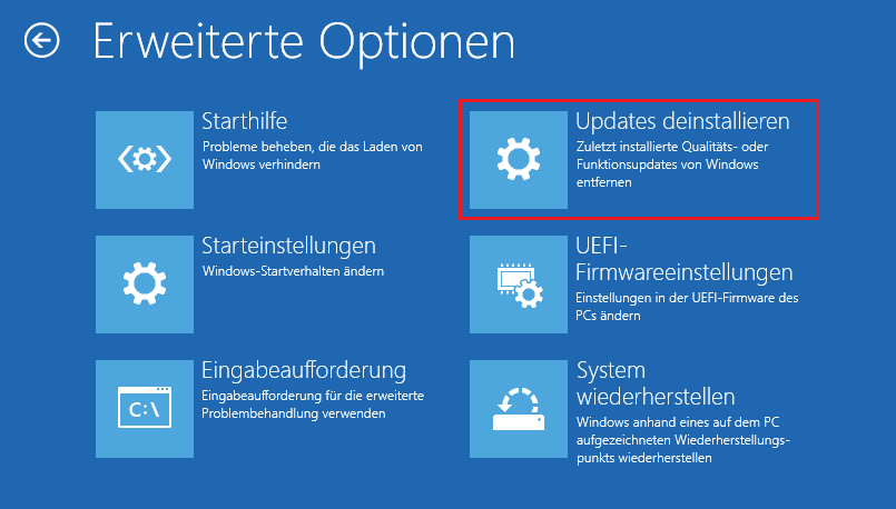 Markierung von Updates deinstallieren auf dem Bildschirm Erweiterte Optionen.