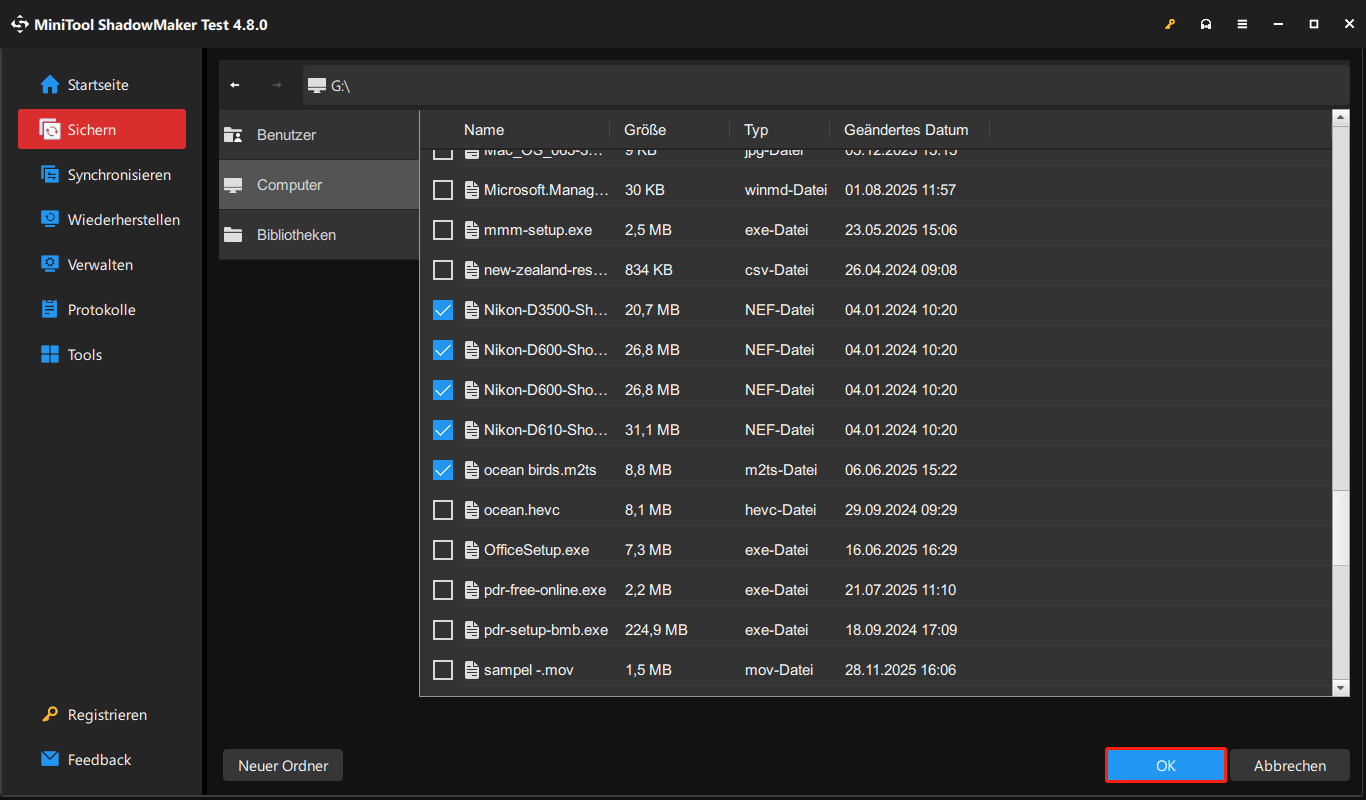 Ein Screenshot zur Auswahl der zu sichernden Elemente in MiniTool ShadowMaker.