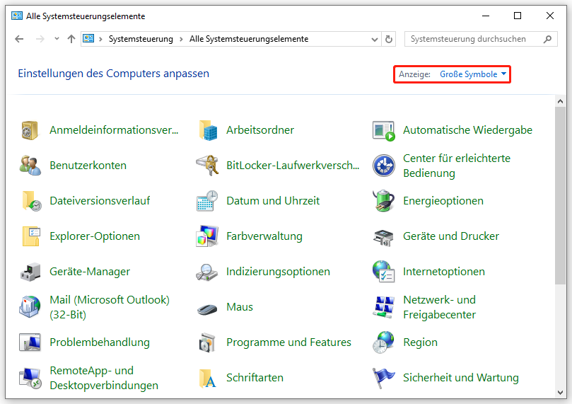 Ein Screenshot zum Ändern der Anzeige der Systemsteuerung nach Große Symbole.