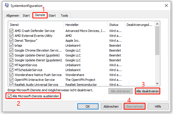 Ein Screenshot zum Deaktivieren aller Dienste in der Systemkonfiguration.