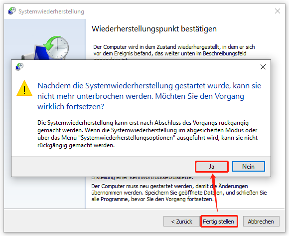 Ein Screenshot zum Bestätigen des Starts einer Systemwiederherstellung.