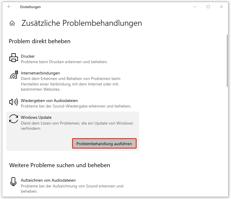 Ein Screenshot zum Ausführen der Windows Update-Problembehandlung in den Windows-Einstellungen.