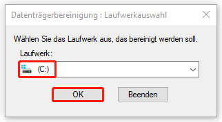 Ein Screenshot zum Festlegen des Systemlaufwerks C: als zu bereinigendes Laufwerk.