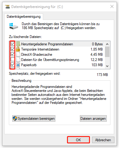 Markierung der zu löschenden Dateien und der Schaltfläche OK.