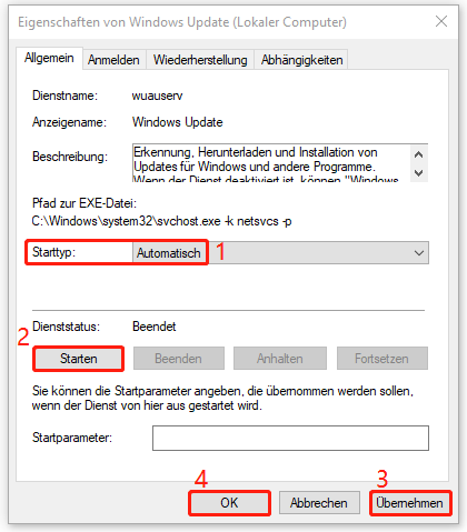 Ein Screenshot zum Neustart des Diensts Windows Update in der Eigenschaftenseite.