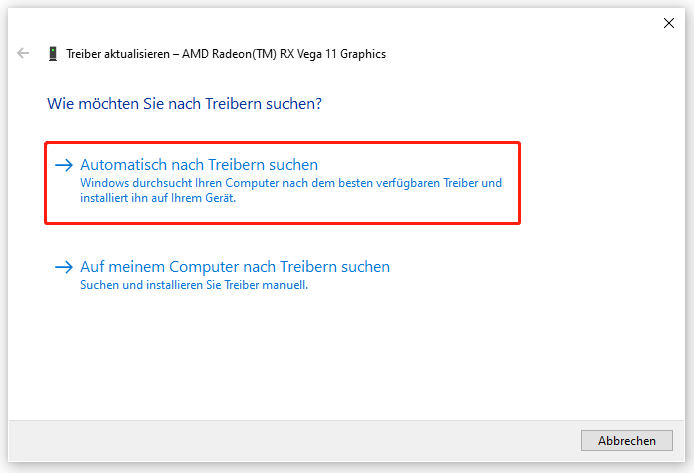 Markierung der Option Automatisch nach Treibern suchen im Fenster Treiber aktualisieren.