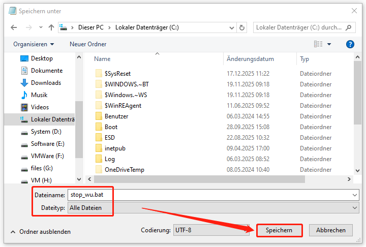 Ein Screenshot zum Speichern der Batch-Datei.