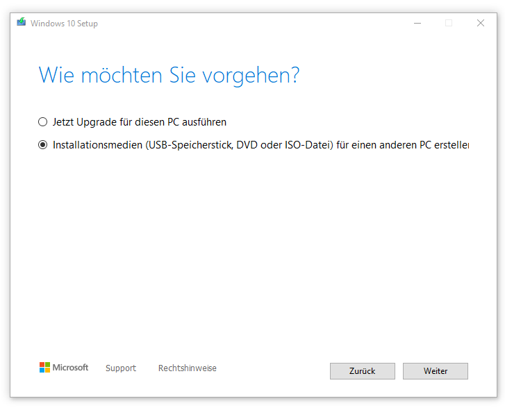 Auswahl von Installationsmedien für einen anderen PC erstellen beim Windows 10 Setup.
