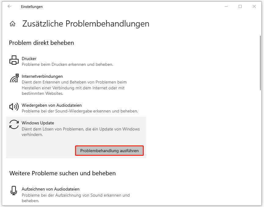 Markierung von Problembehandlung ausführen neben Windows Update in den Einstellungen.