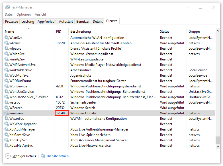 Markierung der PID des Diensts wuauserv im Task-Manager.