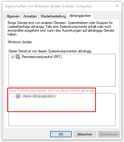Markierung des Bereichs Diese Systemkomponenten sind von diesem Dienst abhängig.
