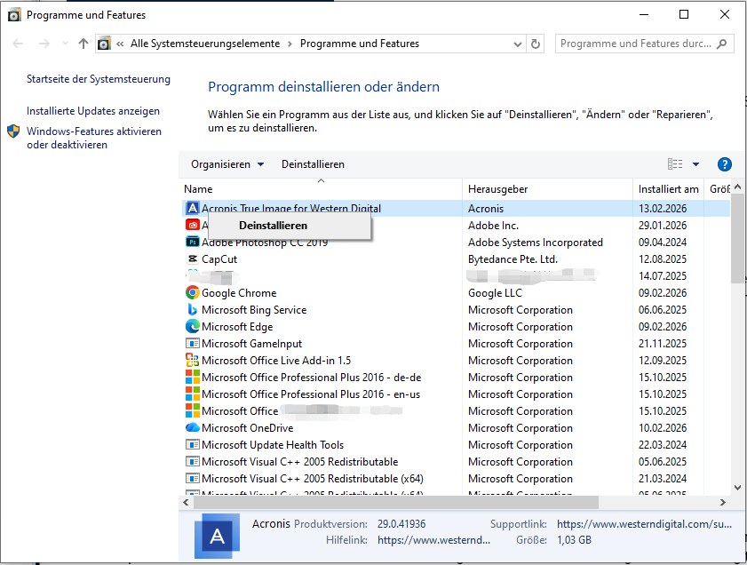Deinstallation von Acronis True Image für Western Digital.