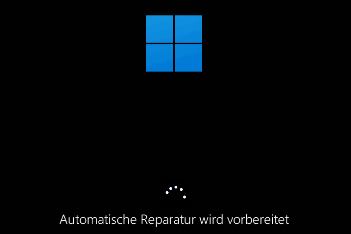 Schwarzer Hintergrund mit Windows-Logo, Text Vorbereitung der automatischen Reparatur und Zyklussymbol.