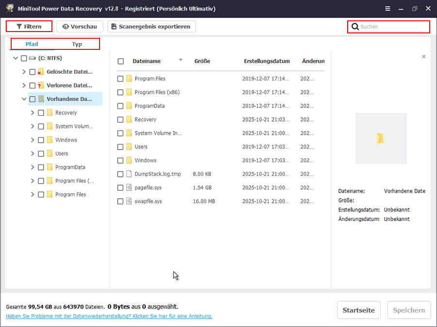Die MiniTool Power Data Recovery Scan-Ergebnisseite mit ausgewählten Optionen Pfad, Typ, Filtern und Suchen, die zeigt, wie Dateien gefunden werden.