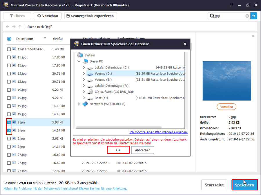 MiniTool Power Data Recovery-Oberfläche mit Anzeige von Speicherpfaden, ausgewählter Zielpfad und ausgewählte Schaltfläche Speichern zur Wiederherstellung von Dateien.