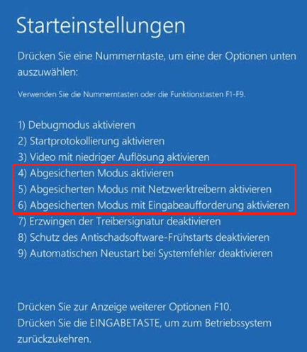Startup-Einstellungen-Seite mit Auswahl von Abgesicherter Modus aktivieren, Abgesicherter Modus mit Netzwerk und Abgesicherter Modus mit Eingabeaufforderung zur Fehlerbehebung.