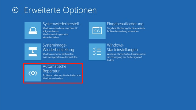 Oberfläche Erweiterte Optionen mit Auflistung von Problembehandlungsoptionen, ausgewählte Option Starthilfe.