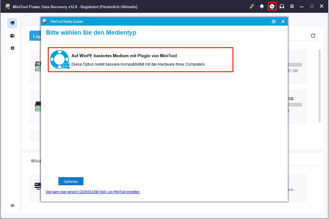 MiniTool Power Data Recovery-Oberfläche mit ausgewähltem Festplattensymbol, Anzeige des MiniTool Media Builder-Fensters.