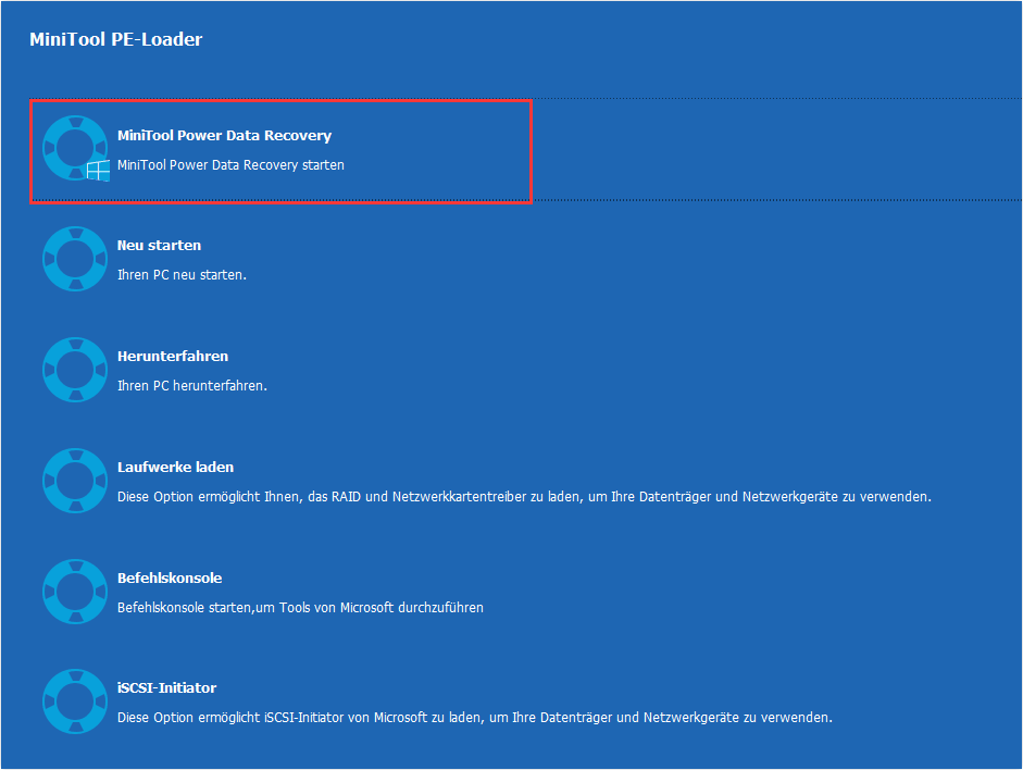 MiniTool Power Data Recovery-Oberfläche mit ausgewähltem Laufwerkssymbol, geöffnetes MiniTool Media Builder-Fenster.