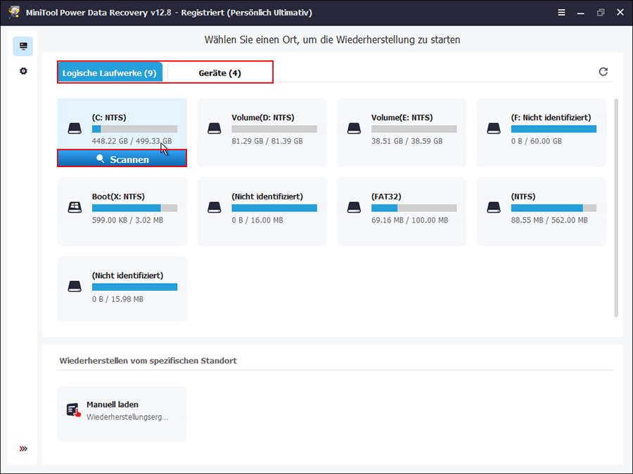 MiniTool Power Data Recovery-Oberfläche mit Anzeige aller Laufwerke, ausgewähltes Ziellaufwerk und hervorgehobenes Scan-Symbol.