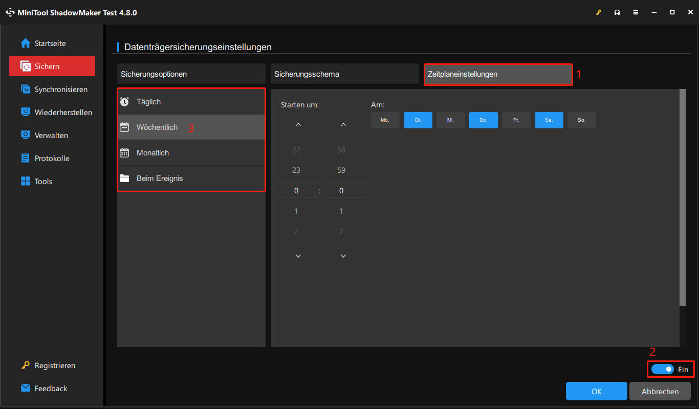 Ein Screenshot zum Erstellen einer geplanten Sicherung in MiniTool ShadowMaker.