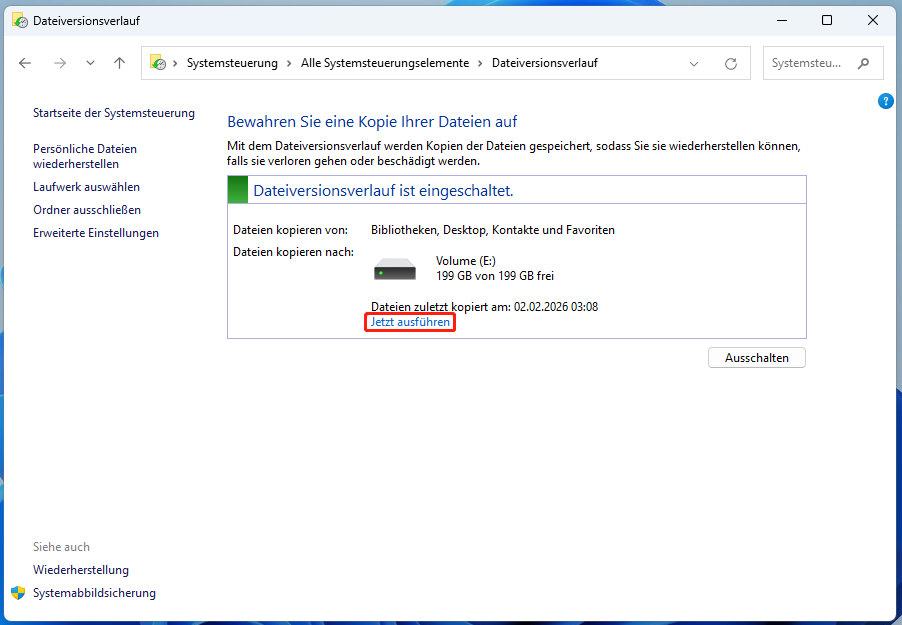 Markierung von Jetzt ausführen des Dateiversionsverlaufs in der Systemsteuerung.