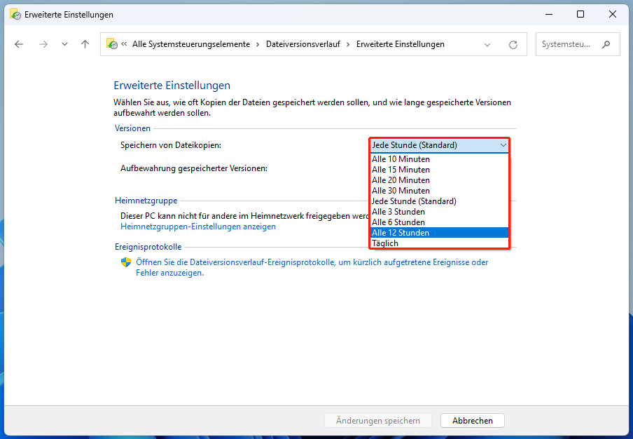 Markierung verfügbarer Optionen für die Speicherung von Dateikopien über den Dateiversionsverlauf.