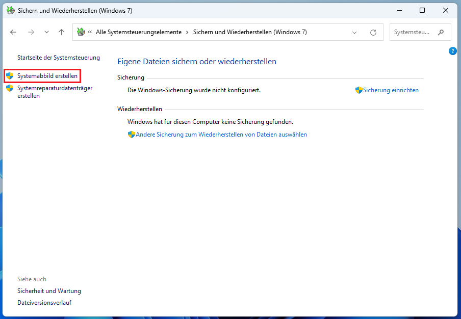 Markierung von Systemabbild erstellen in der Systemsteuerung.