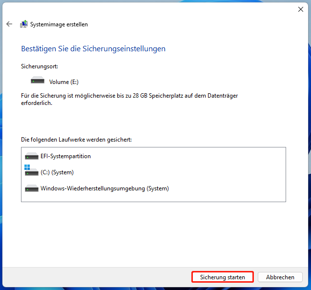 Markierung der Schaltfläche Sicherung starten im Fenster Systemabbild erstellen.