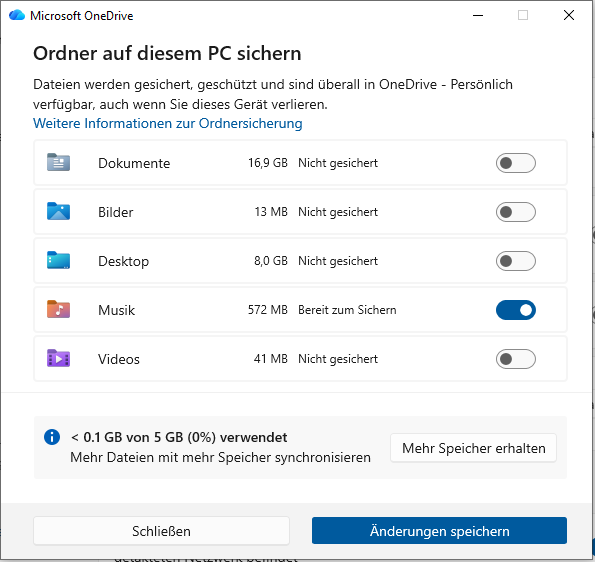 Ein Screenshot zum Sichern von Ordnern über OneDrive.