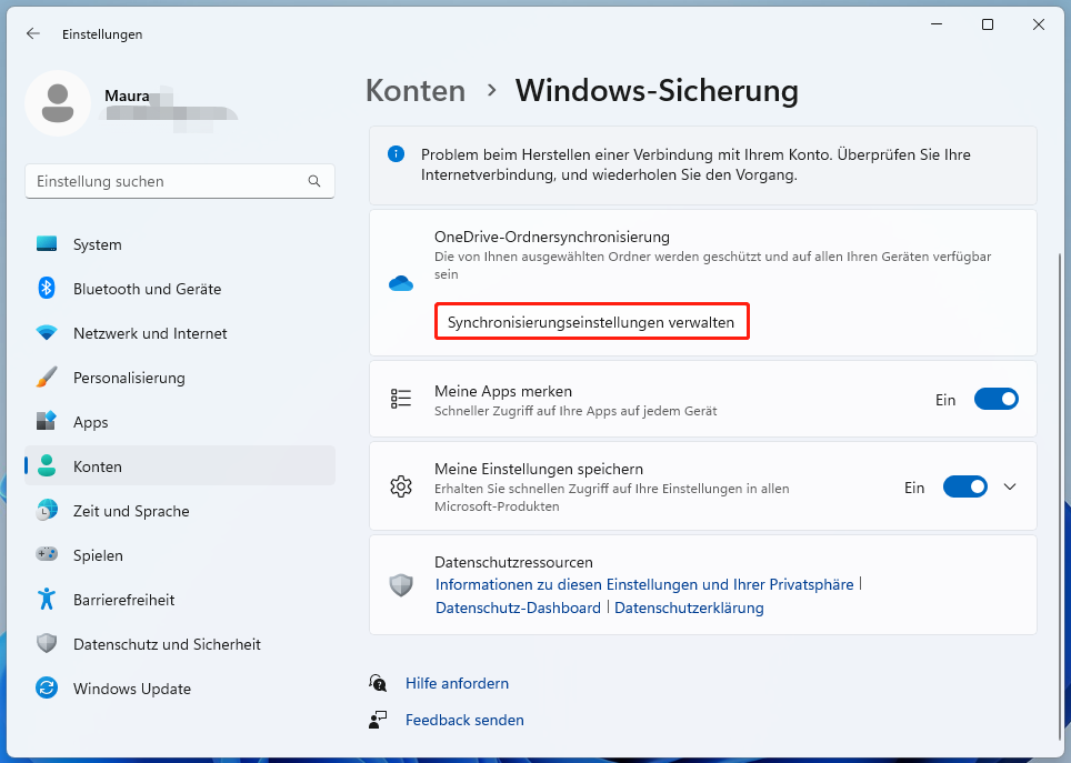Markierung der Schaltfläche Synchronisierungseinstellungen verwalten auf der Seite Windows-Sicherung.
