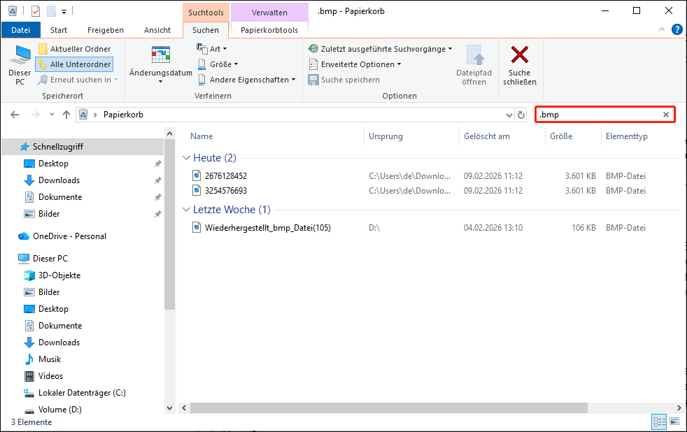 Wiederherstellung von BMP-Dateien aus dem Papierkorb.