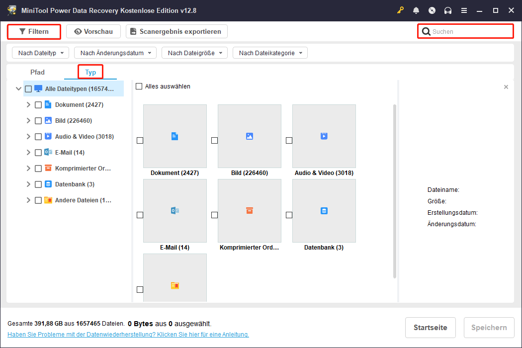 Verschiedene Funktionen in MiniTool Power Data Recovery.