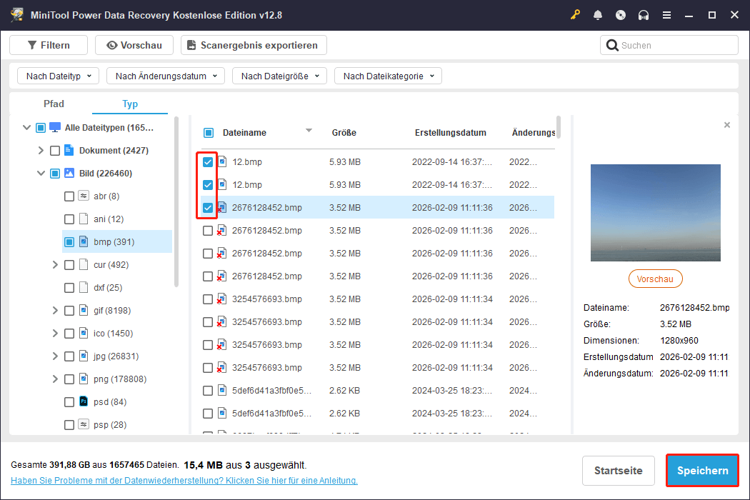 Auswahl aller zur Wiederherstellung benötigten Dateien und Auswahl der Schaltfläche Speichern.