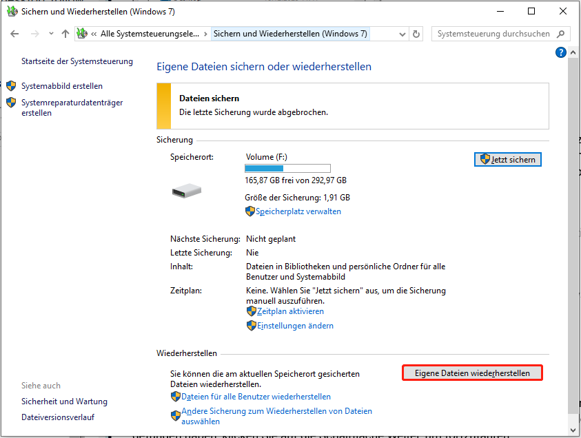 Klicken Sie auf die Schaltfläche Meine Dateien wiederherstellen.