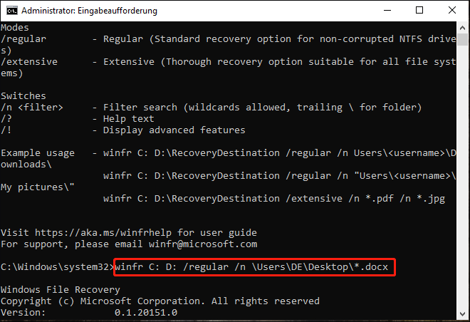 Geben Sie den Befehl zur Wiederherstellung der Desktop-Dateien ein und drücken Sie die Eingabetaste.
