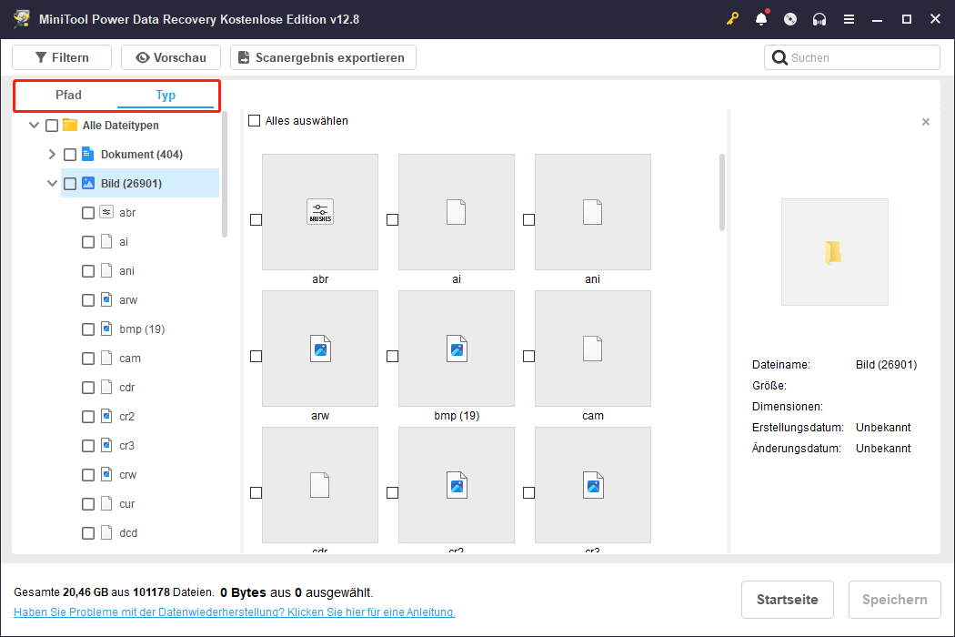 Die Funktionen Pfad und Typ in MiniTool Power Data Recovery.