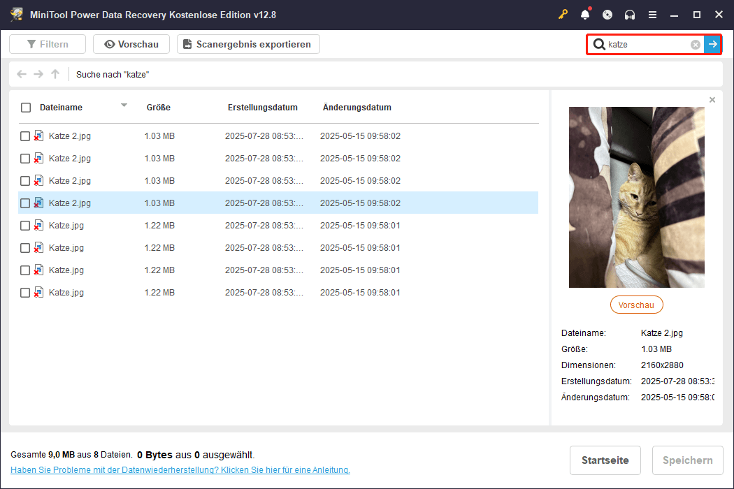 Verwenden Sie die Suchfunktion, um gewünschte Dateien in MiniTool Power Data Recovery zu finden.