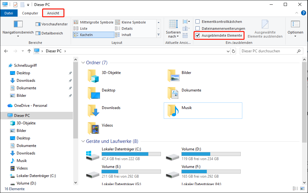 Aktivieren Sie das Kontrollkästchen Ausgeblendete Elemente, um Ihre Desktop-Dateien anzuzeigen.